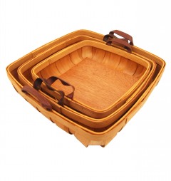 Bamboo Tray Rect W/Leather Handle 3Pc Set 37.5.32.5.28cm