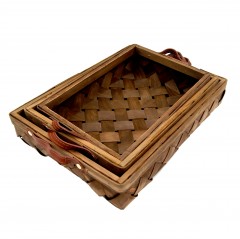 Bamboo Tray Rect W/Leather Handle 3Pc Set Wicker 37.33.29cm