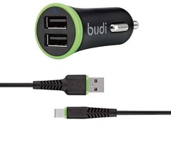 BUDI 2 Usb Car Charger With Type C Cable Black M8J061T