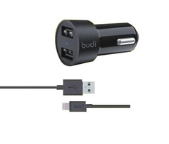 BUDI Car Charger With Lightning Cable 2 Usb Port Black M8J622L