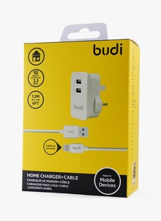 BUDI HOME CHARGER 2 PORT USB WITH LIGHTNING CABLE M8J053U- White