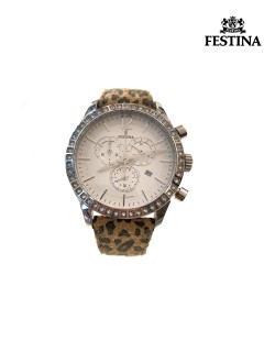 Festina Watch Ladies/Slv Dial/Chrono/Ss Case/W Stones/Leather Strap