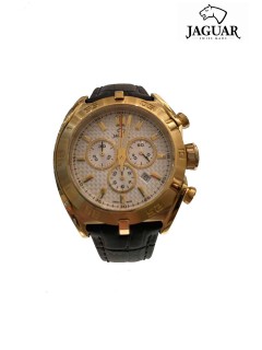 Jaguar Watch Gents/Chrono/Slv Dial/ Ylw Gld Case/Blk Lthr Strap