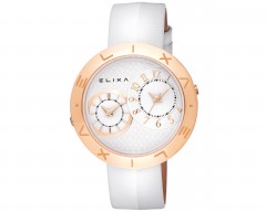 Elixa Womens Dual Time White, Rose Gold Case White Stain Strap Watch