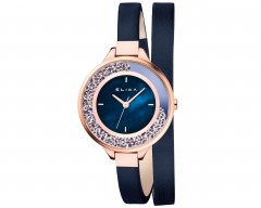 Elixa Womens Finesse Crystals Rose Gold Blue Leather Strap Watch