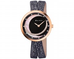 Elixa Finesse Crystals Rose Gold Black Leather Strap Womens Watch