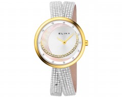 Elixa Finesse Crystals Gold Silver Leather Strap Womens Watch