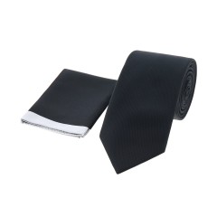 Dion Villard medium Tie with pocket square, Microfiber, Black DVTM1907