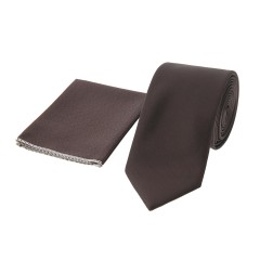 Dion Villard medium Tie with pocket square, Microfiber, Solid brown DVTM1909