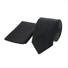 Dion Villard medium Tie with pocket square, Microfiber, black solid DVTM1910