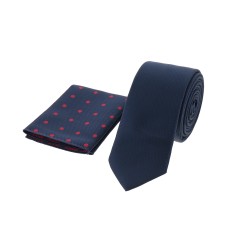 ديون فيلارد ربطة عنق رفيعة مع جيب منقط باللون الأحمر ، ستوكات ، أزرق داكن DVTS1902