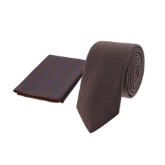 Dion Villard slim Tie with pocket square, Microfiber, Brown DVTS1905