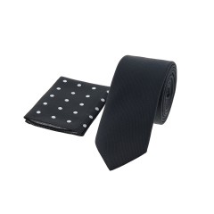 Dion Villard slim Tie with pocket square, Microfiber, Black DVTS1907