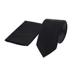 Dion Villard slim Tie with pocket square, Microfiber, black solid DVTS1910