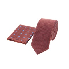Dion Villard slim Tie with pocket square, Microfiber, brick color DVTS1915