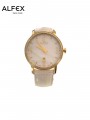 Alfex Watch Ladies/Mop Dial/Ipg Case W/Stones/Wht Leather Strap